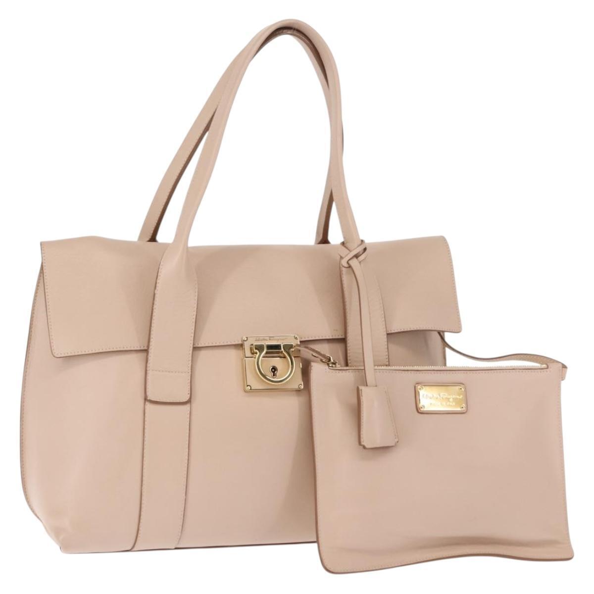 Salvatore Ferragamo Gancini Shoulder Bag Leather Pink Gold Auth 145992